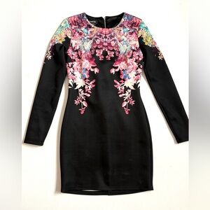 Bebe Black Bodycon Floral Print Dress Long Sleeve Zip Back Size XS
